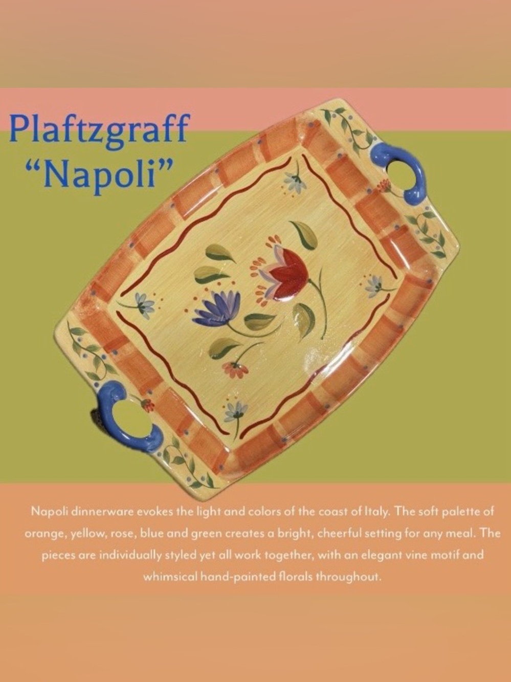 Pfaltzgraff Napoli Hand-Painted Serving Tray with Handles 14”